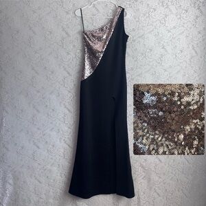 One Shoulder Gold Sequin Black Evening Gown Size Small w/ Leg Slit